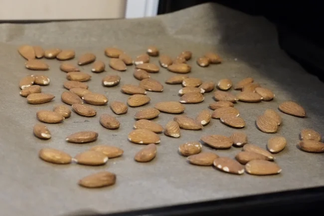 Almonds spread over a baking sheet before closing the oven