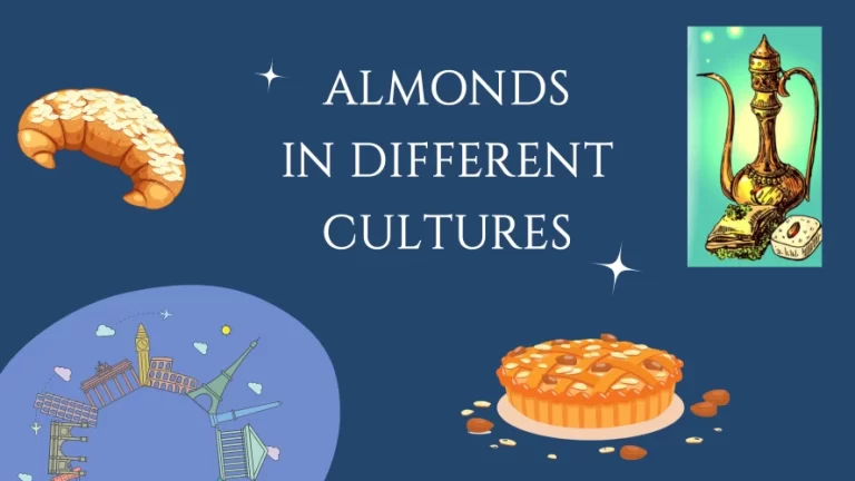 Symbols of different world cultures next to different almond dishes